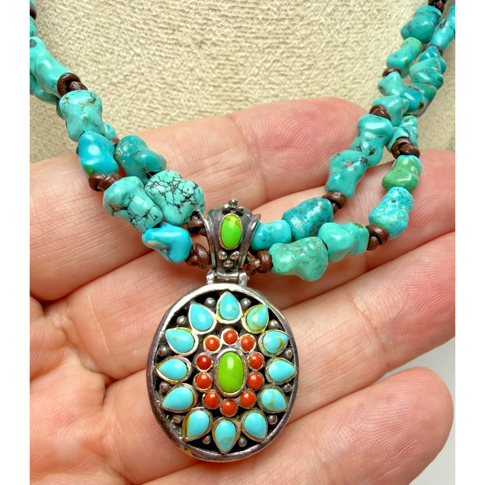 Vintage Signed Barse 925 Sterling Silver Turquoise Nugget Necklace Oval Pendant - Picture 3 of 7